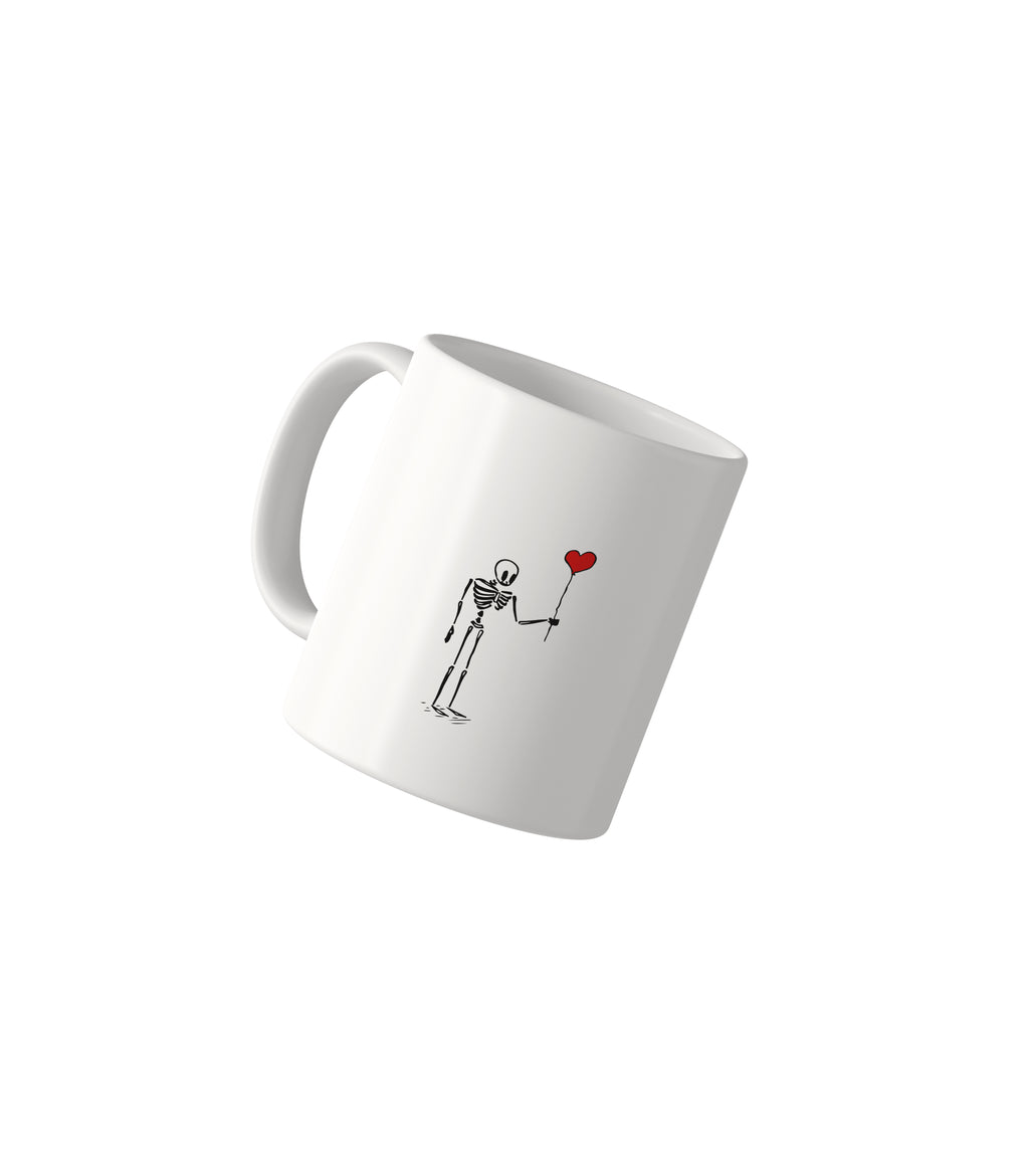 Minimalist Skeleton Mug with Red Heart Balloon