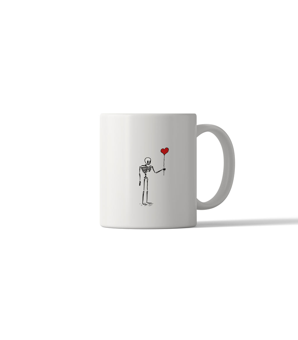 Minimalist Skeleton Mug with Red Heart Balloon