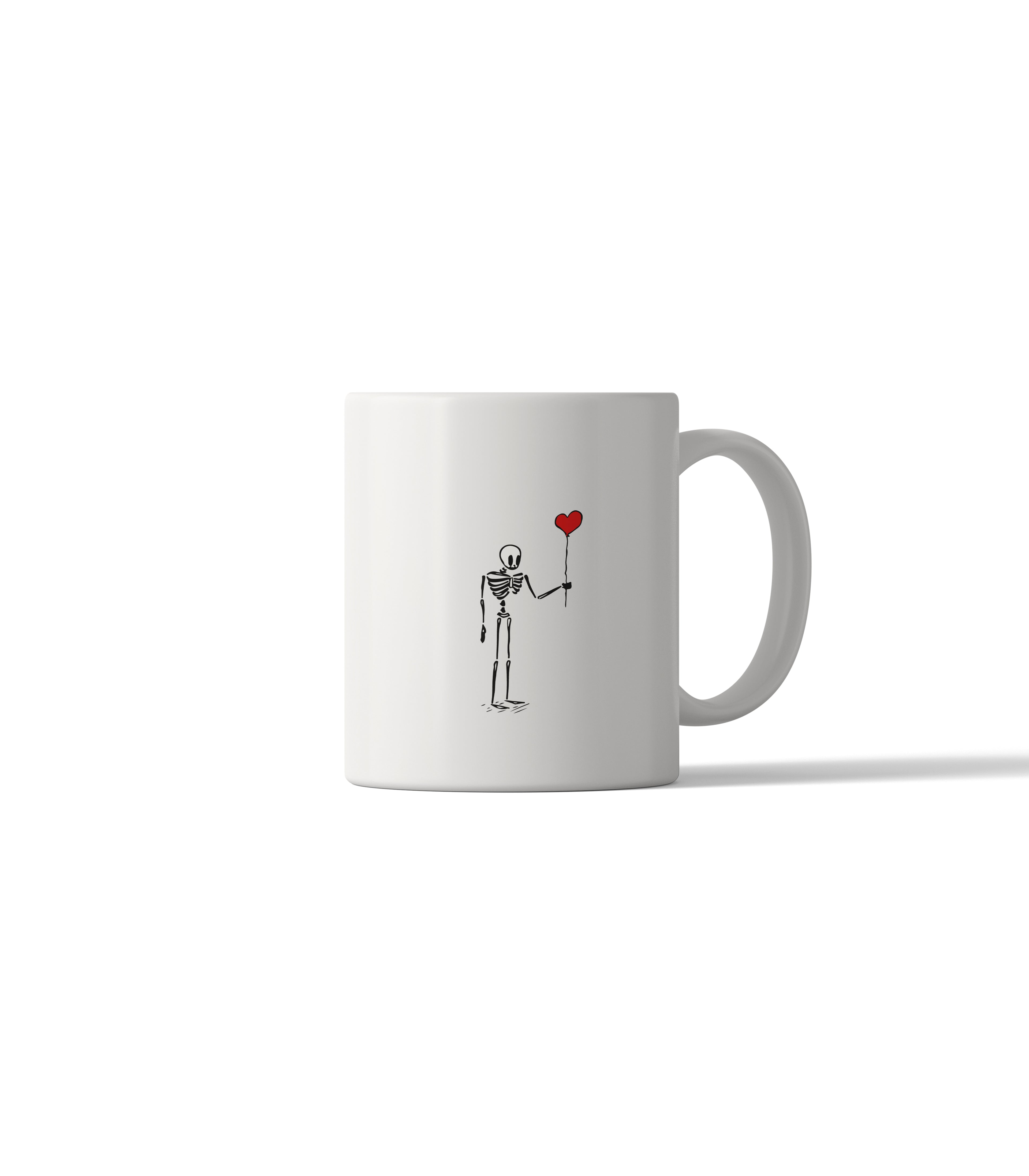 Minimalist Skeleton Mug with Red Heart Balloon