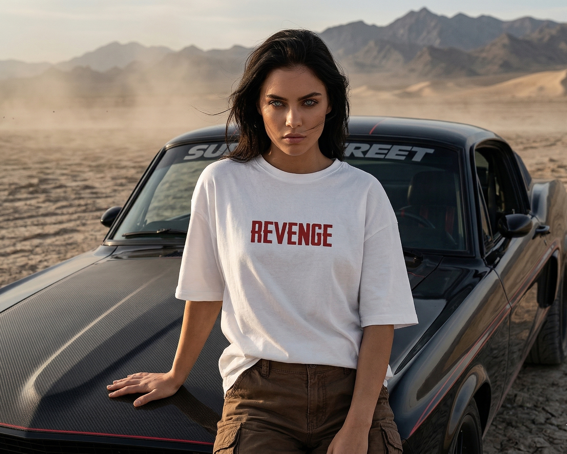 Woman wearing a white t-shirt with 'REVENGE' printed on it, standing next to a black car in a desert setting.
